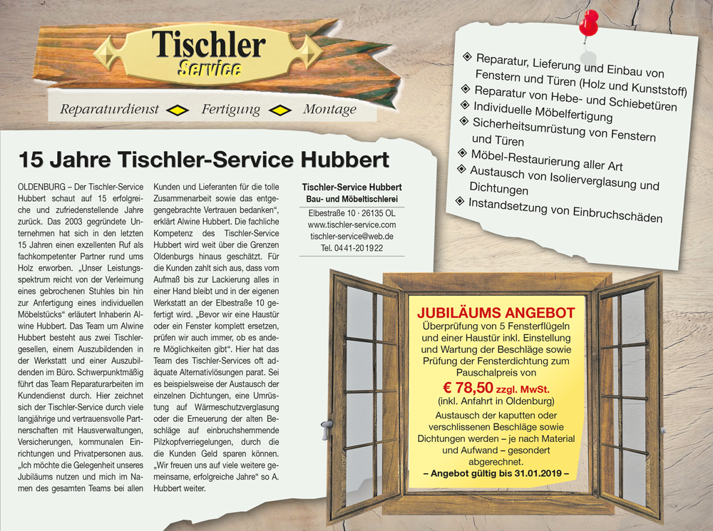 Anzeige 15 Jahre Tischlerei Service Hubbert